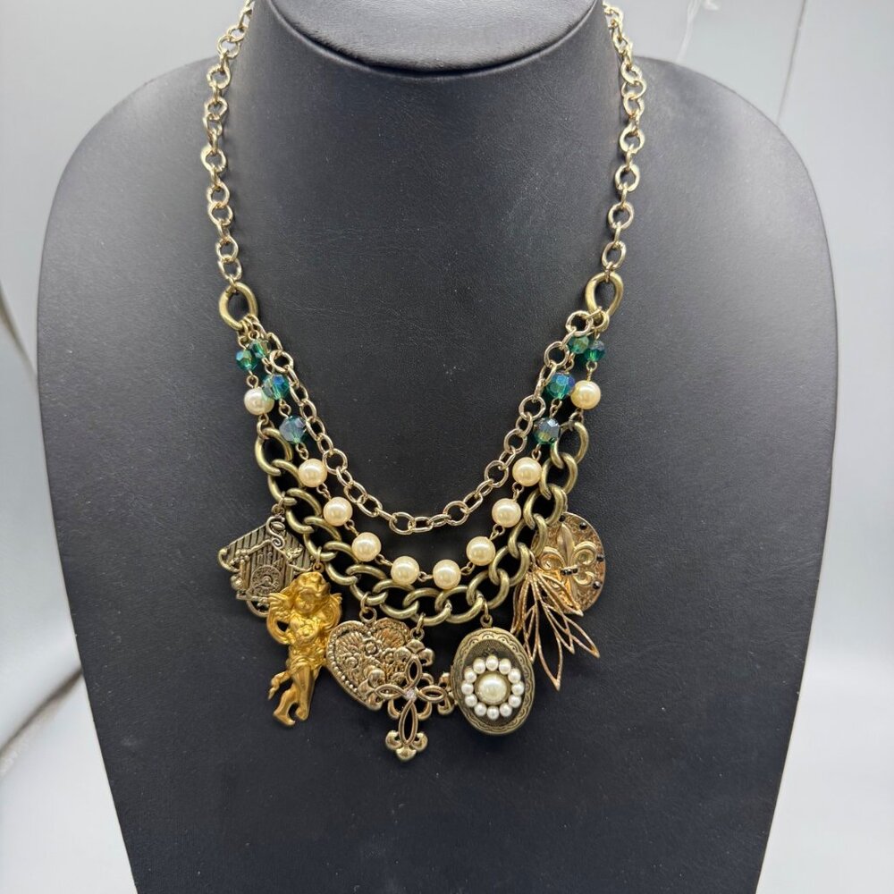 Gold-Tone Multi-Chain Necklace Charms Faux Pearls & Green Beads